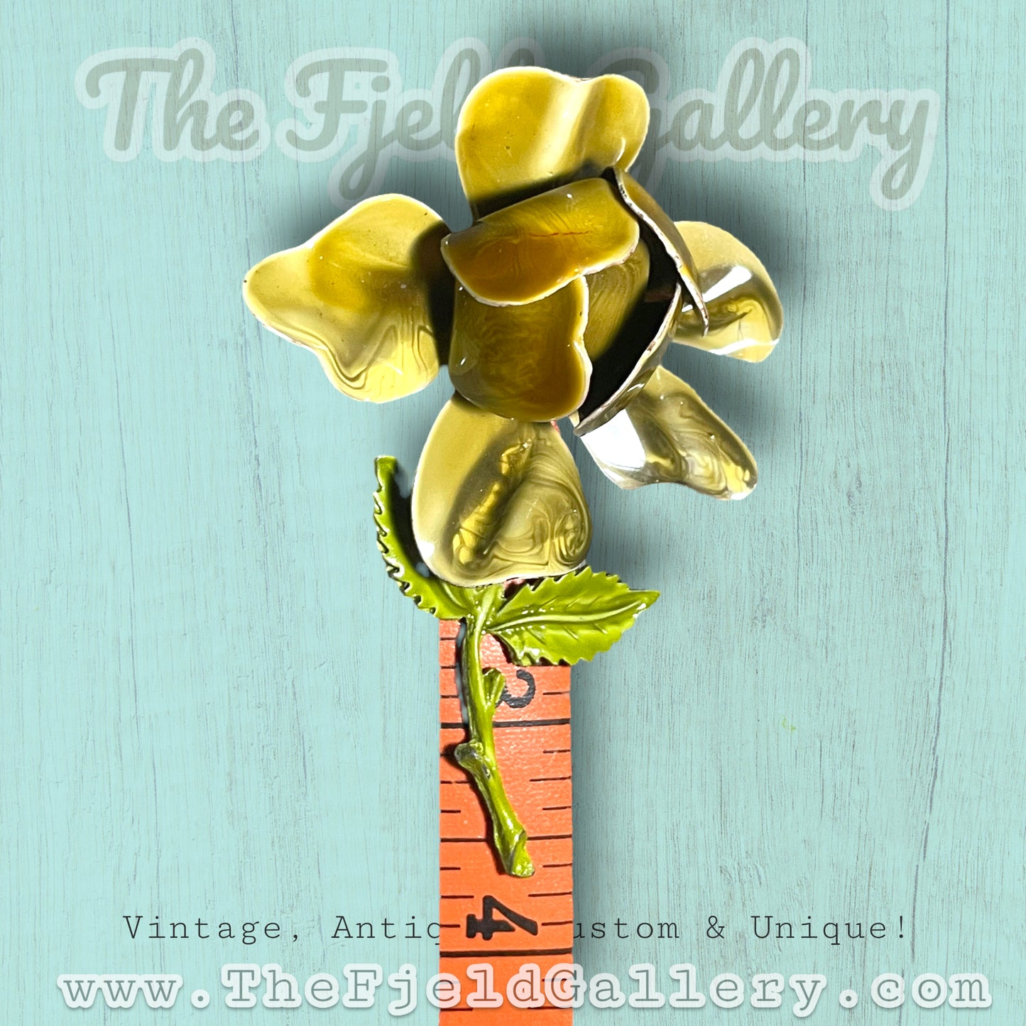 Vintage Olive Green Enamel Metal Rose Brooch
