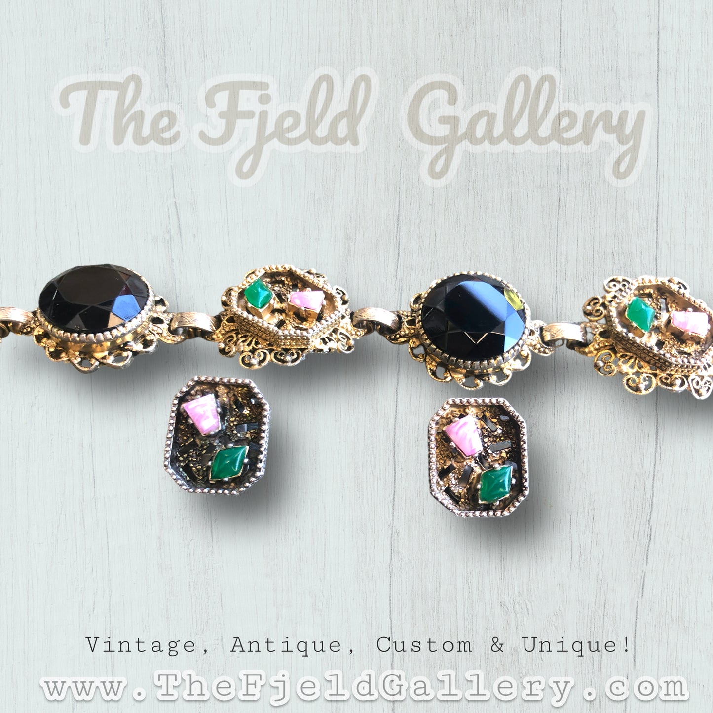 Pink Rhodonite, Green Chrysoprase & Black Art Glass Gold Bracelet & Earring Set
