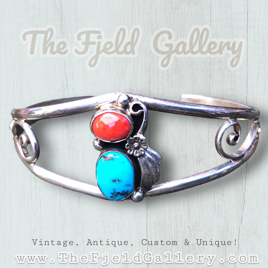 Vintage Sterling Silver Native American Turquoise & Red Coral Cuff Bracelet