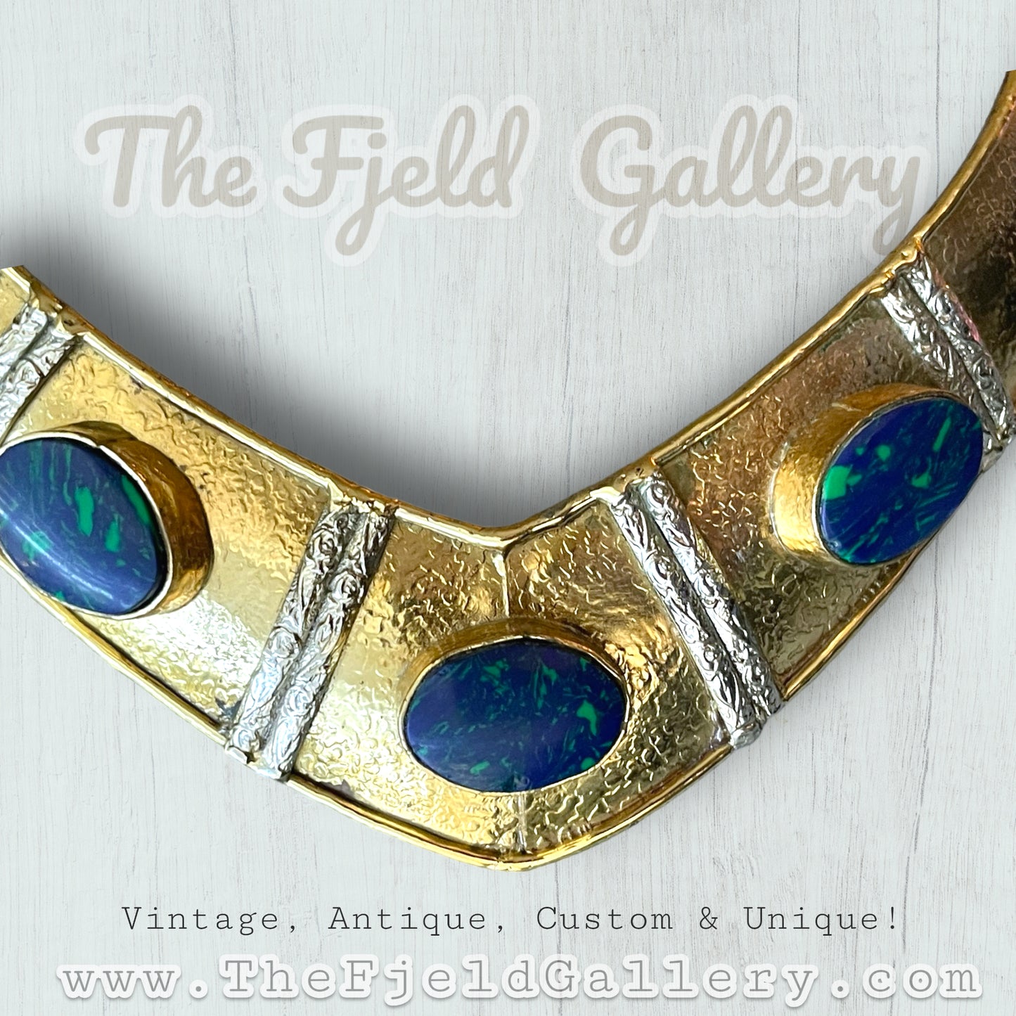 Vintage Brass & Silver Chunky Collar Necklace with Azurite Blue & Green Gemstones