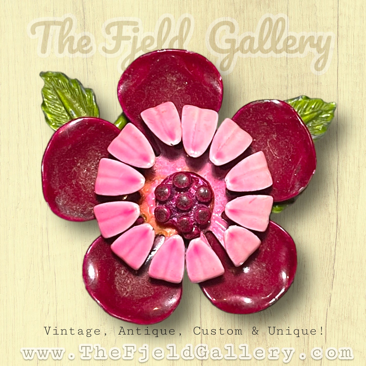 Vintage Pink, Red & Green Enamel Metal Flower Brooch
