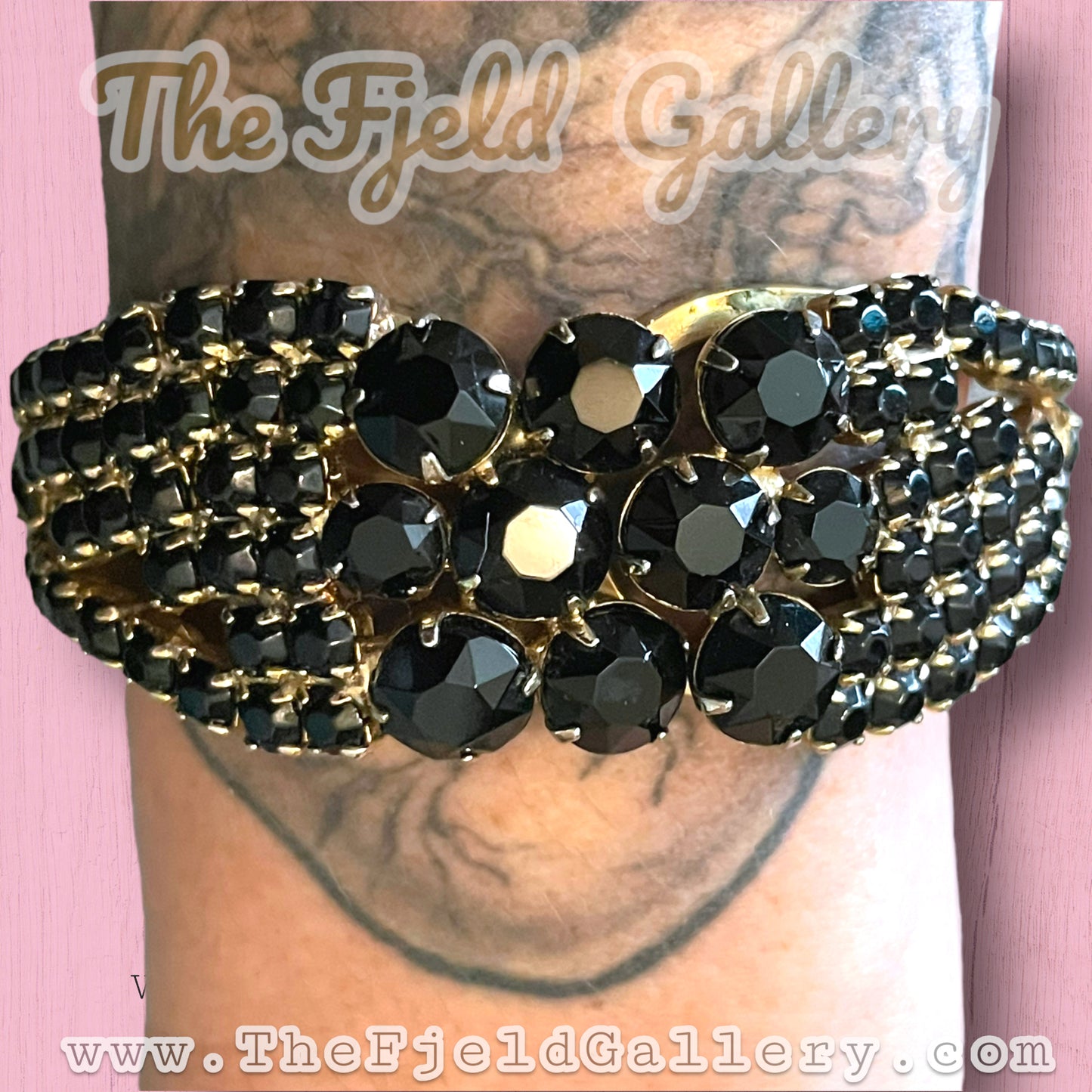 Vintage Black Prong Set Crystal Gold Hinged Clamper Bangle Bracelet