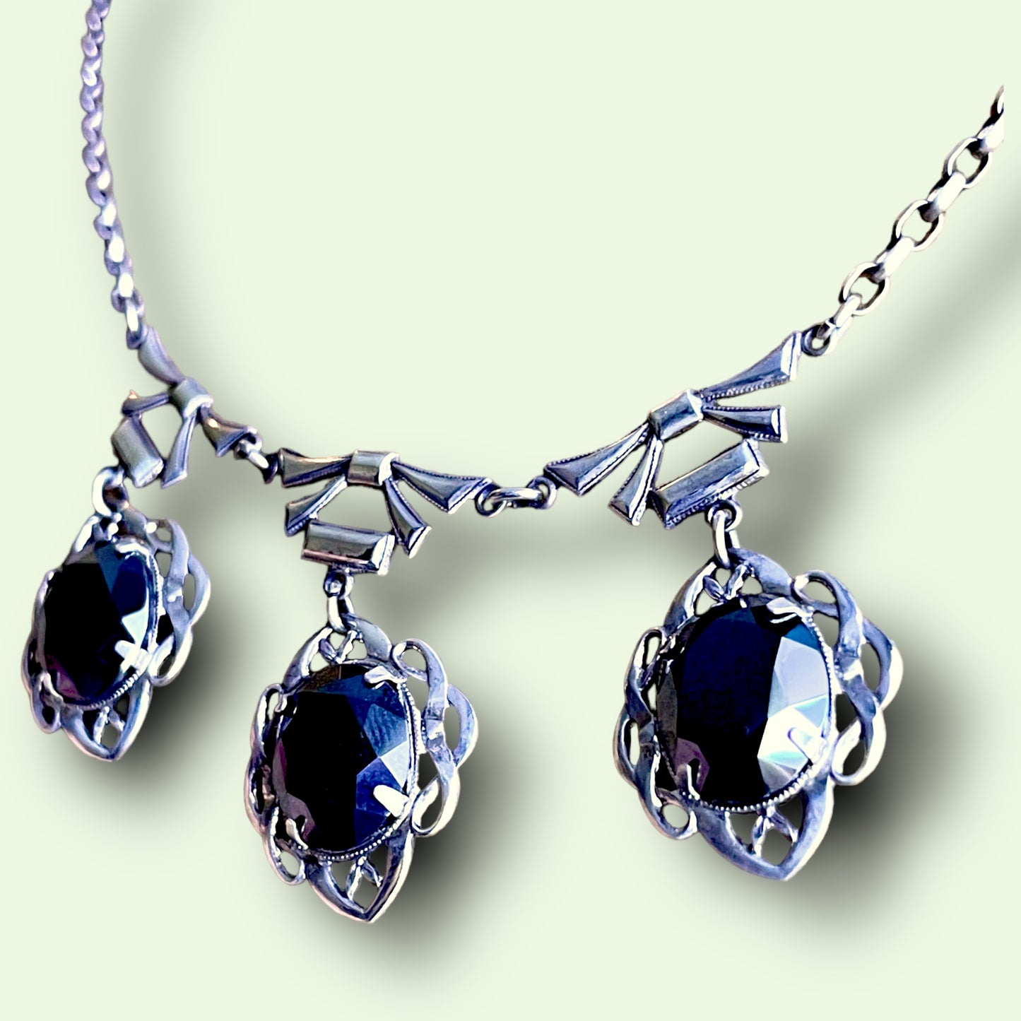 Art Nouveau Sterling Silver & Hematite Bow Festoon Necklace