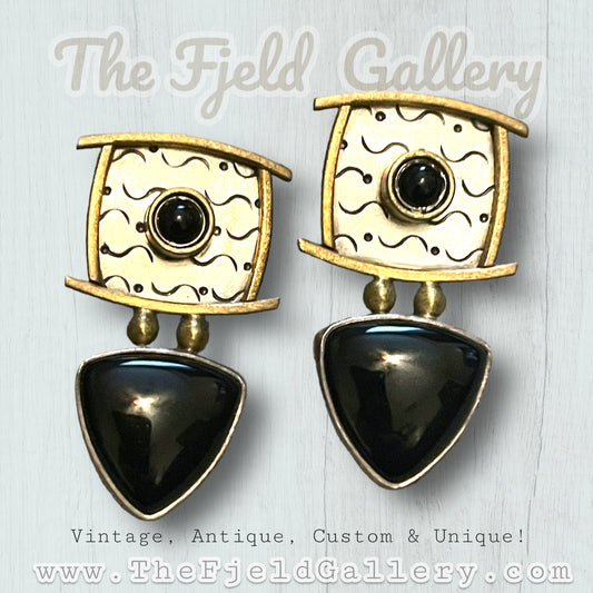 Sterling Silver & Brass Onyx Gemstone Mod Geometric CLOSE Earrings