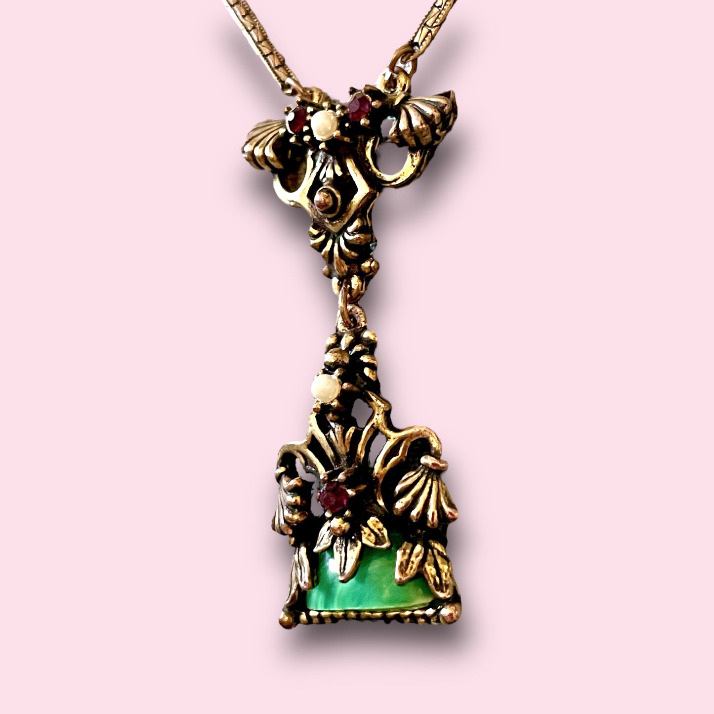 Art Nouveau Marbled Green Celluloid, Purple Crystal & Pearl Brass Shell Necklace