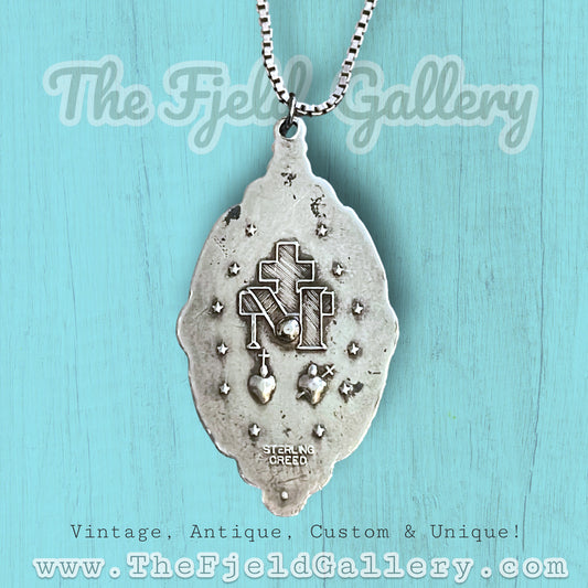 Sterling Silver Mother Of Pearl & Marcasite Virgin Mary Religious Necklace