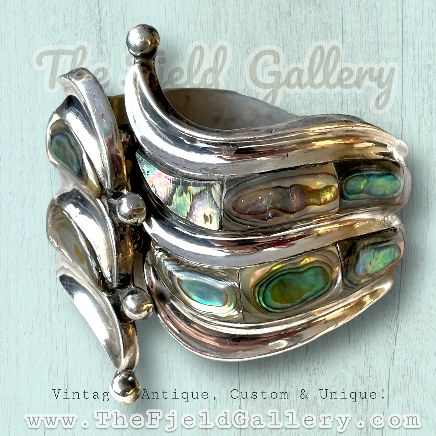 Vintage Sterling Silver & Abalone Mexican Hinged Clamper Bracelet