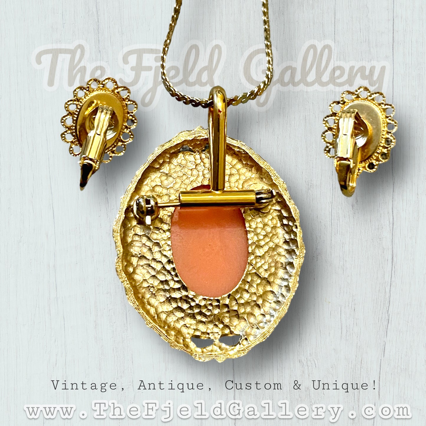 Vintage Orange & Cream Celluloid Cameo Necklace & Earring Set