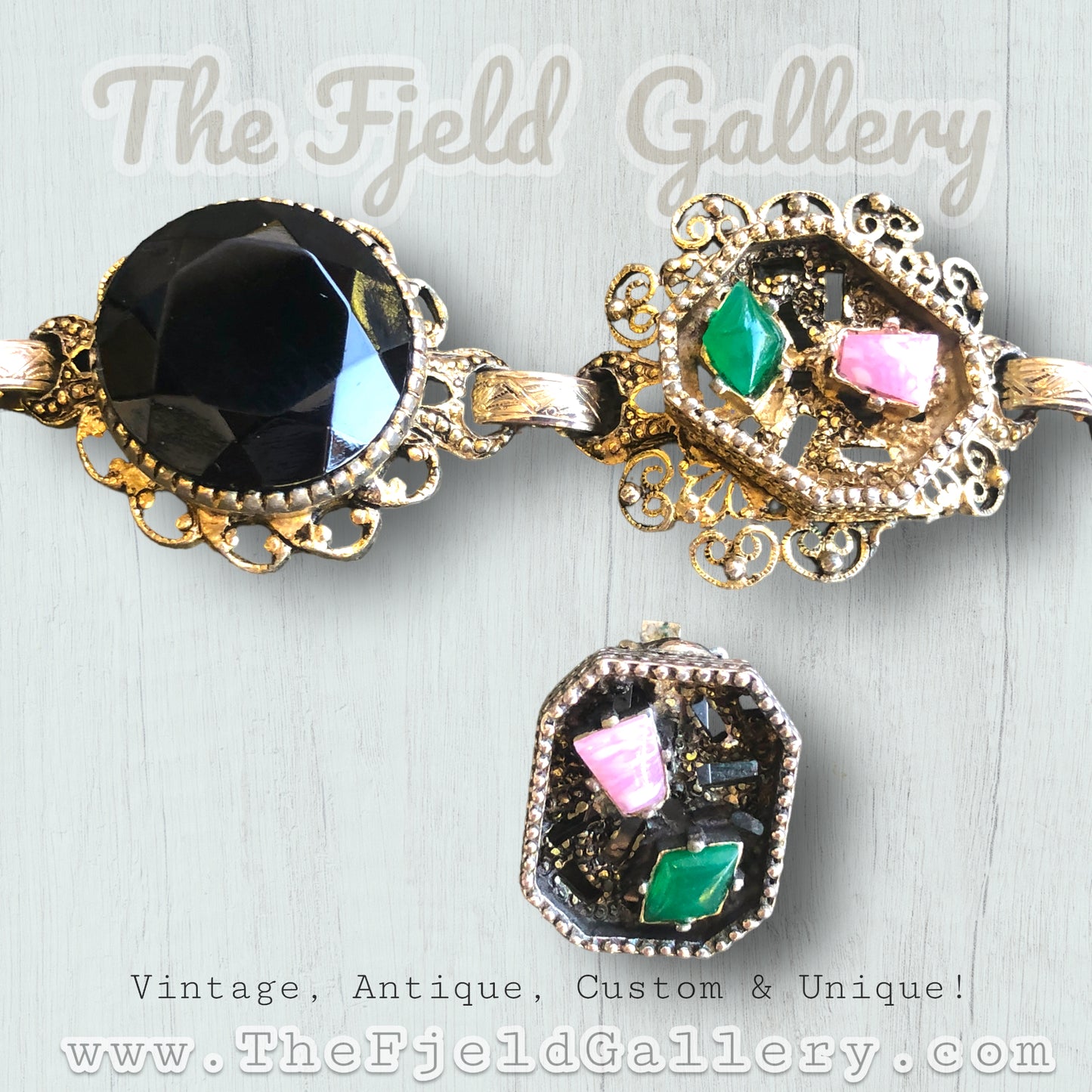 Pink Rhodonite, Green Chrysoprase & Black Art Glass Gold Bracelet & Earring Set