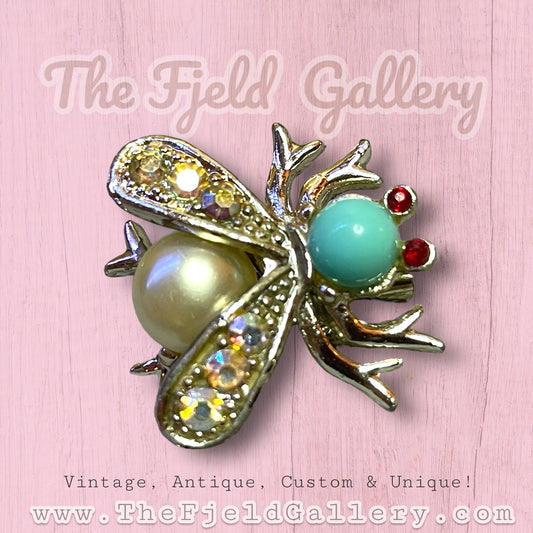 Vintage Turquoise & Ruby Aurora Borealis Crystal Rhinestone Fly Insect Brooch