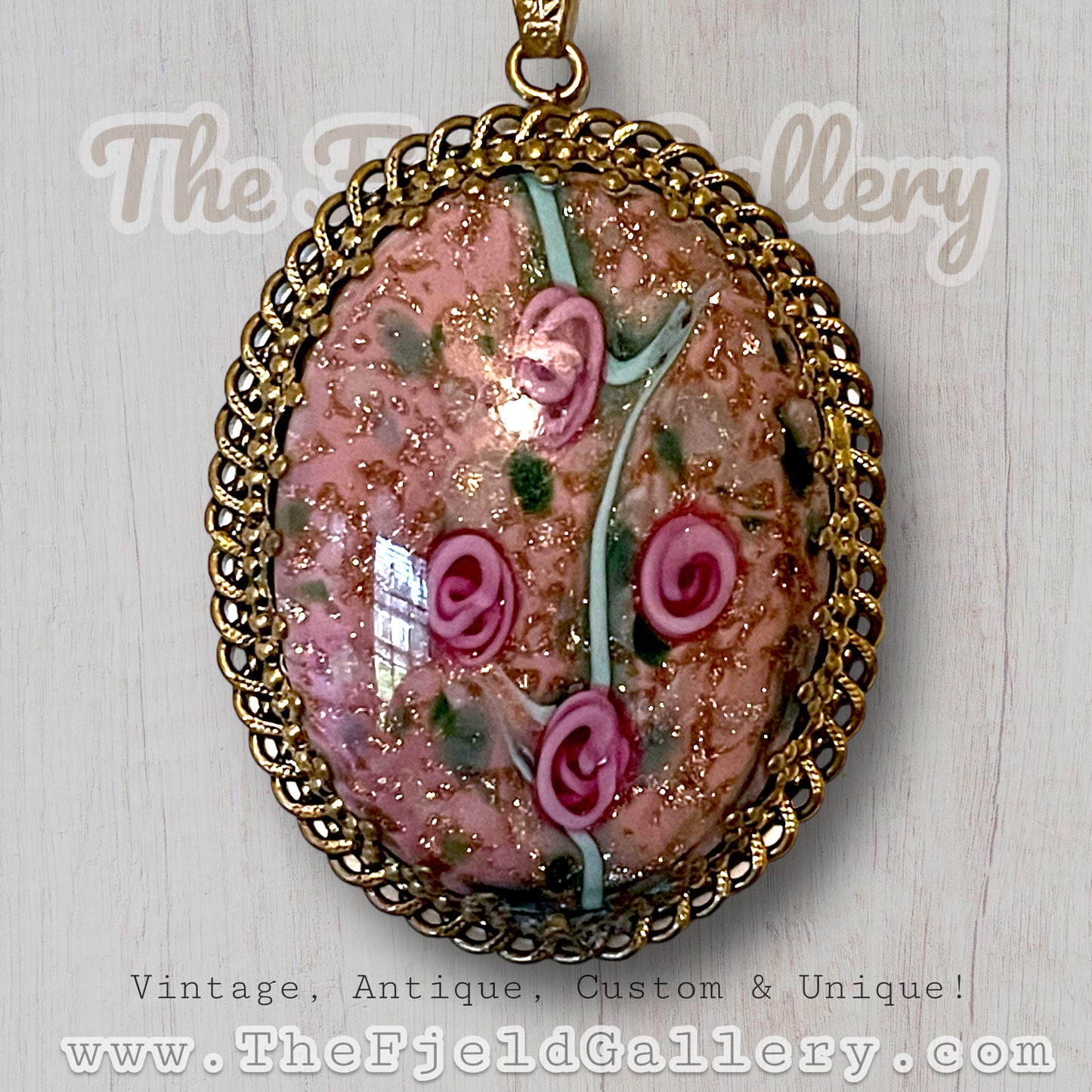 West German Purple & Gold Foil Rose Flower Art Glass Cabochon in Gilded Gold Brass Setting Necklace