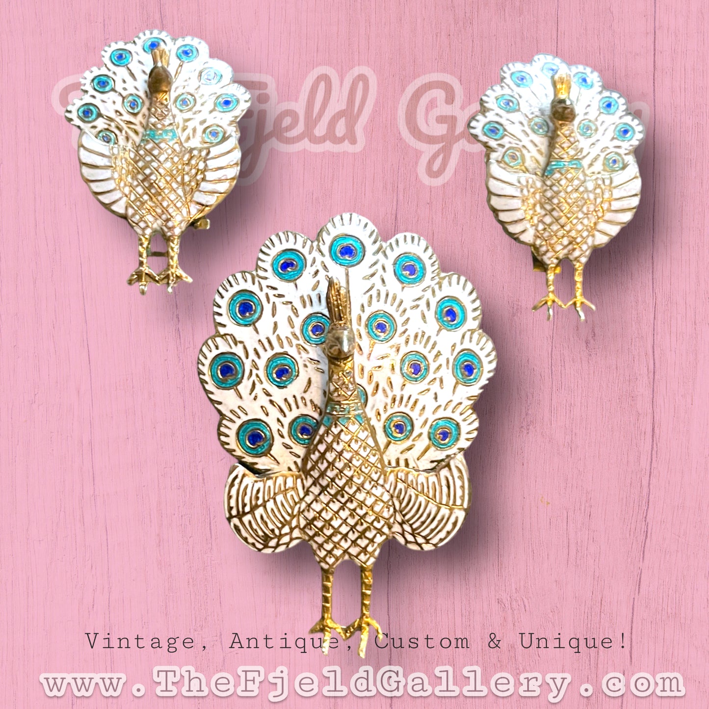 1940’s Siam Vermeille Sterling White & Blue Enamel Peacock Brooch & Earring Set