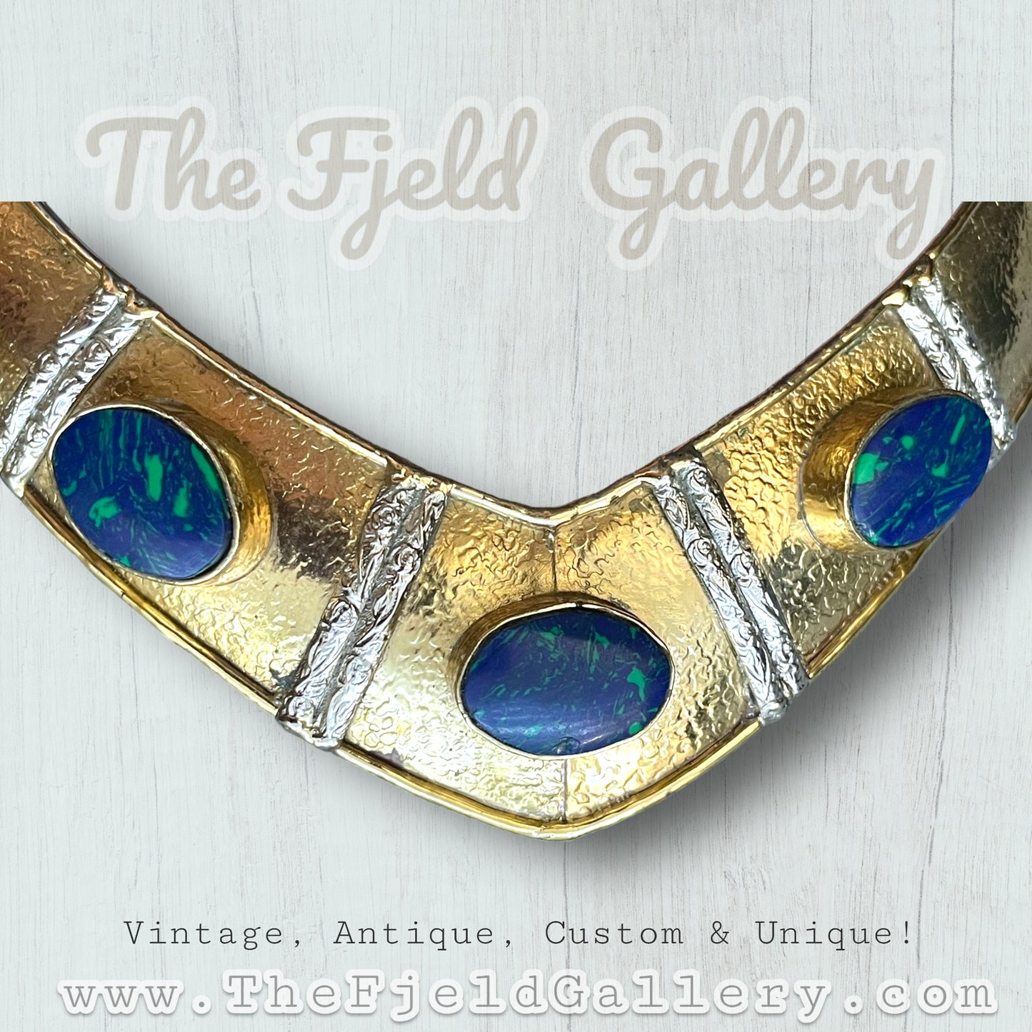 Vintage Brass & Silver Chunky Collar Necklace with Azurite Blue & Green Gemstones