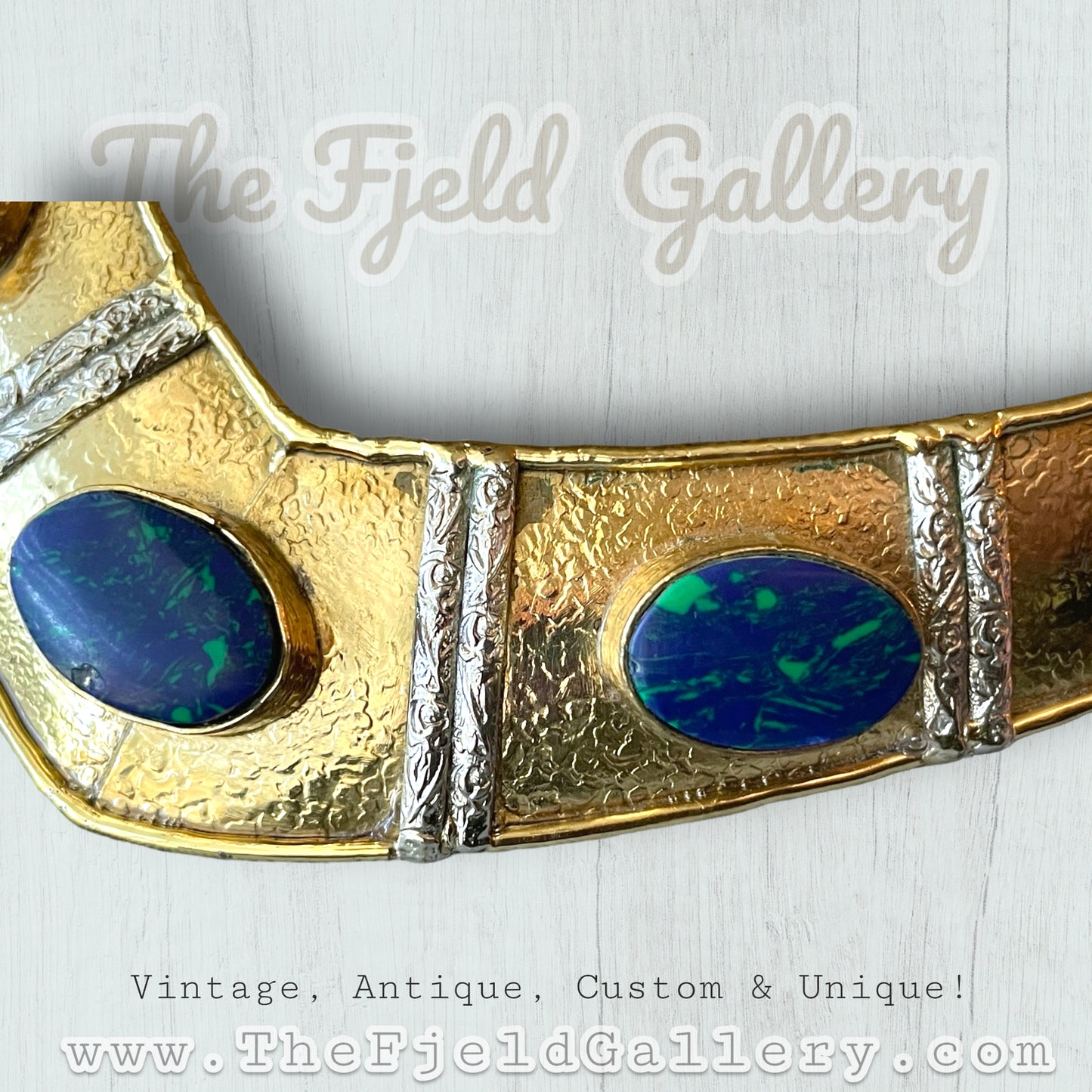 Vintage Brass & Silver Chunky Collar Necklace with Azurite Blue & Green Gemstones