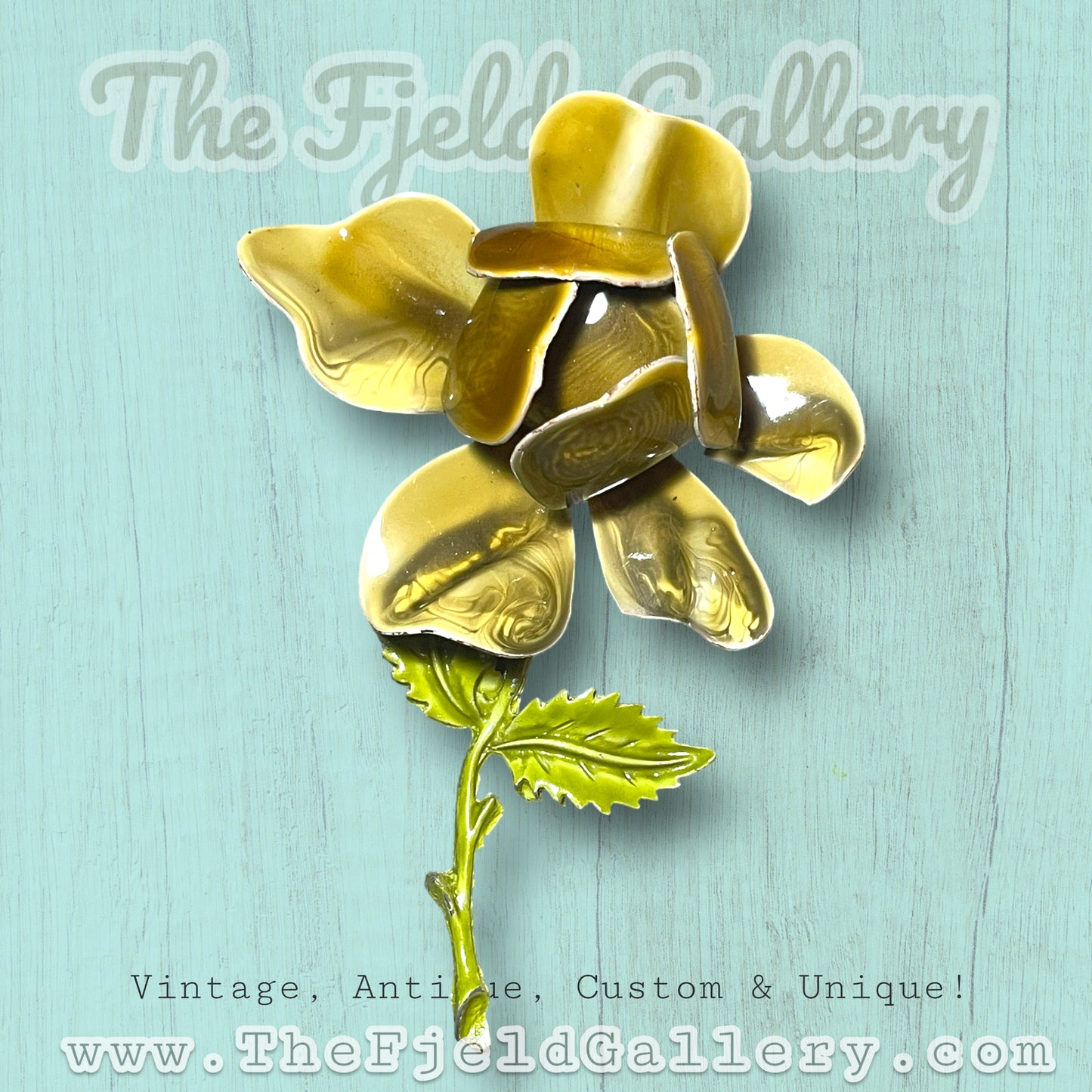 Vintage Olive Green Enamel Metal Rose Brooch