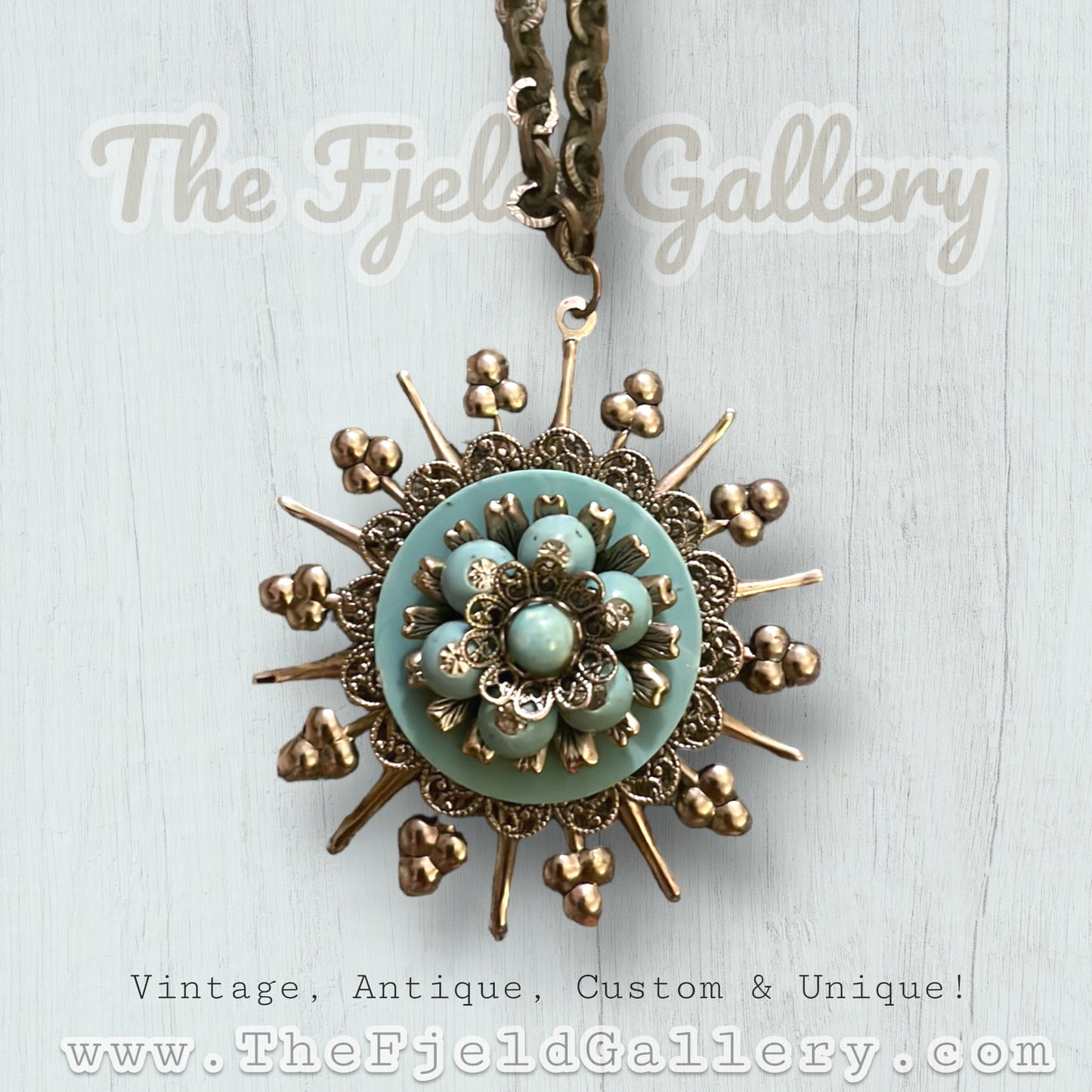 Vintage Faux Turquoise Sunburst Long Runway Necklace