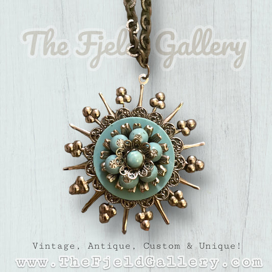 Vintage Faux Turquoise Sunburst Long Runway Necklace