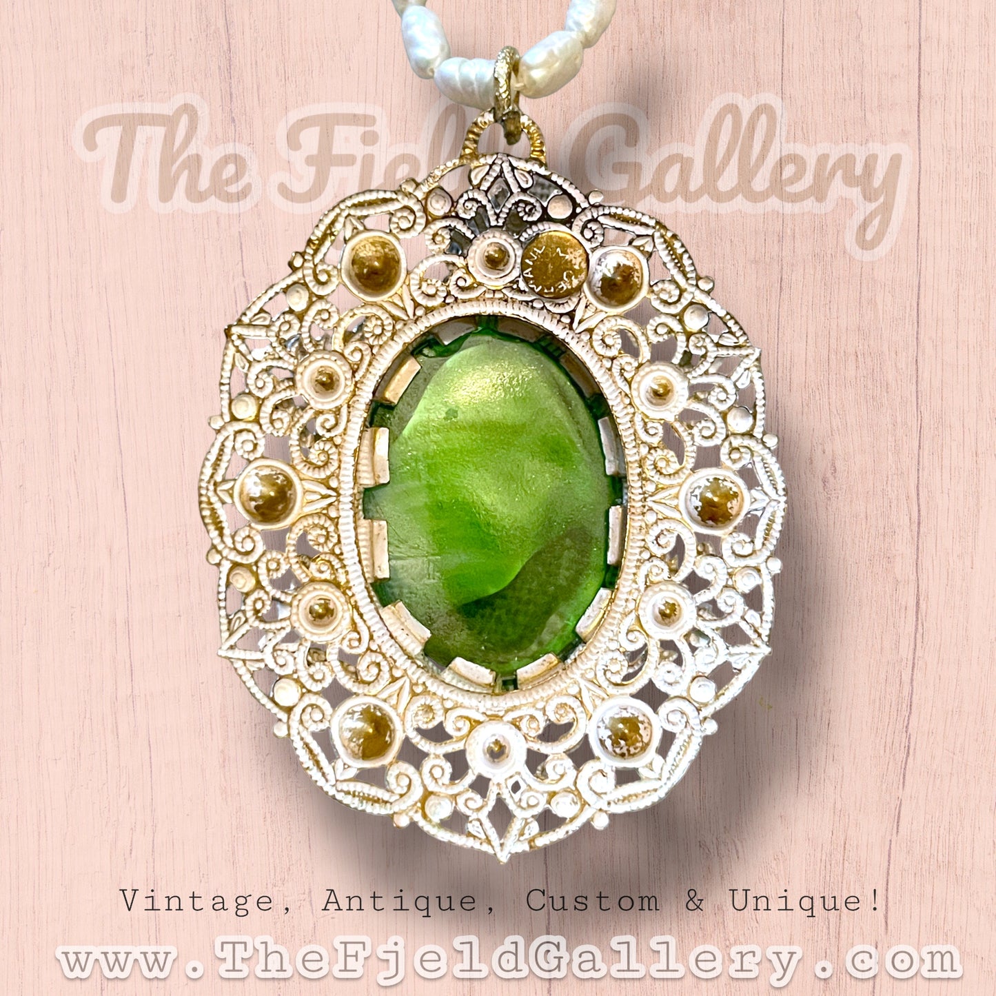 West German Green Marbled Art Glass White Enamel Brass Filigree Pendant on Natural Pearl Necklace