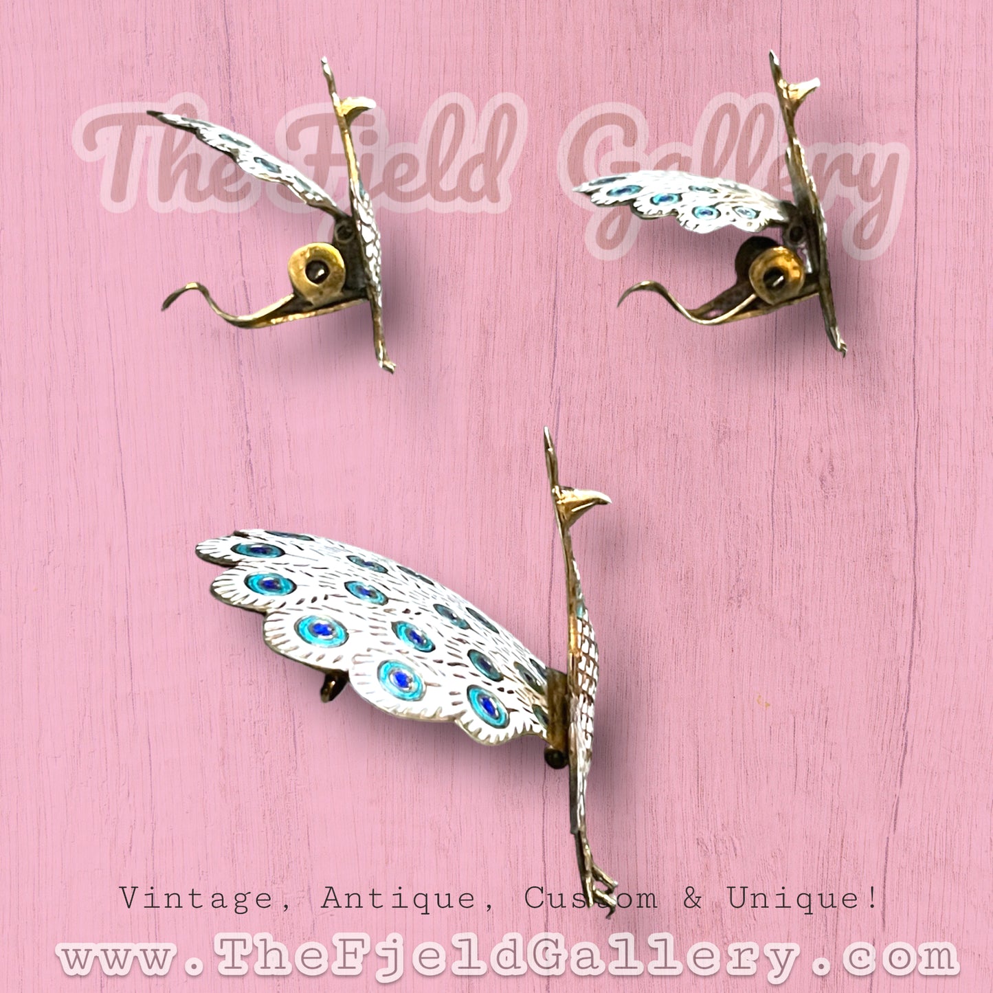 1940’s Siam Vermeille Sterling White & Blue Enamel Peacock Brooch & Earring Set