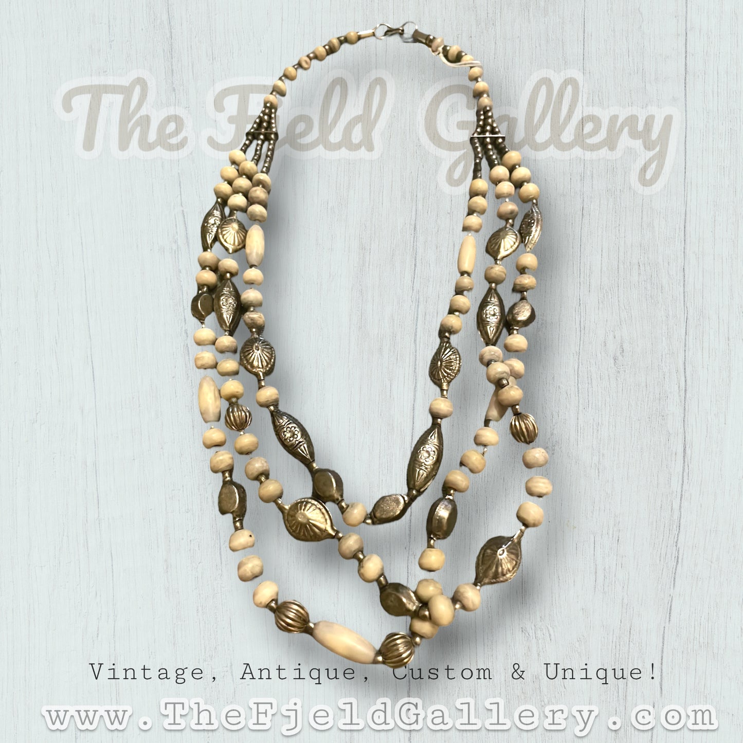Vintage Silver Flower Embossed & White Bone Beaded Multi Strand Necklace