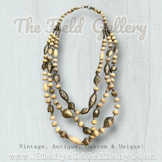 Vintage Silver Flower Embossed & White Bone Beaded Multi Strand Necklace