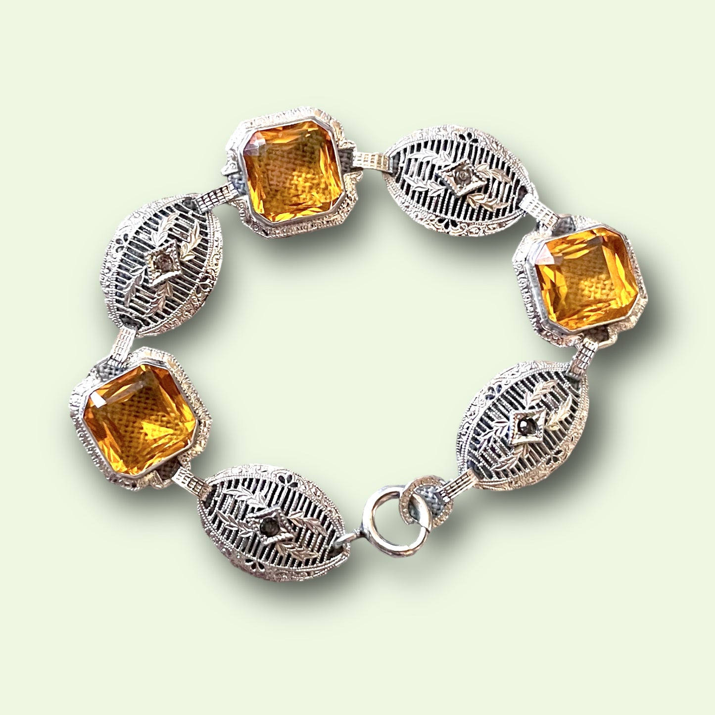 Art Deco Czech Citrine Art Glass Silver Filigree Link Bracelet