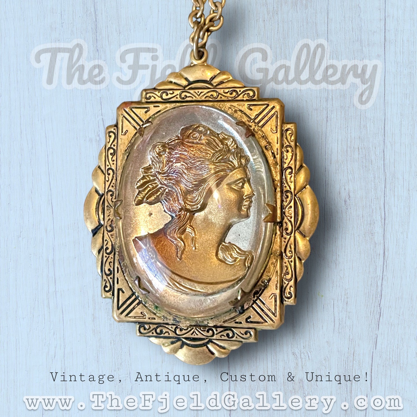 Art Nouveau Greek Gold & Silver Intaglio Cameo Necklace