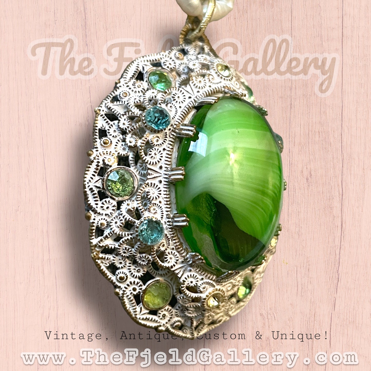 West German Green Marbled Art Glass White Enamel Brass Filigree Pendant on Natural Pearl Necklace