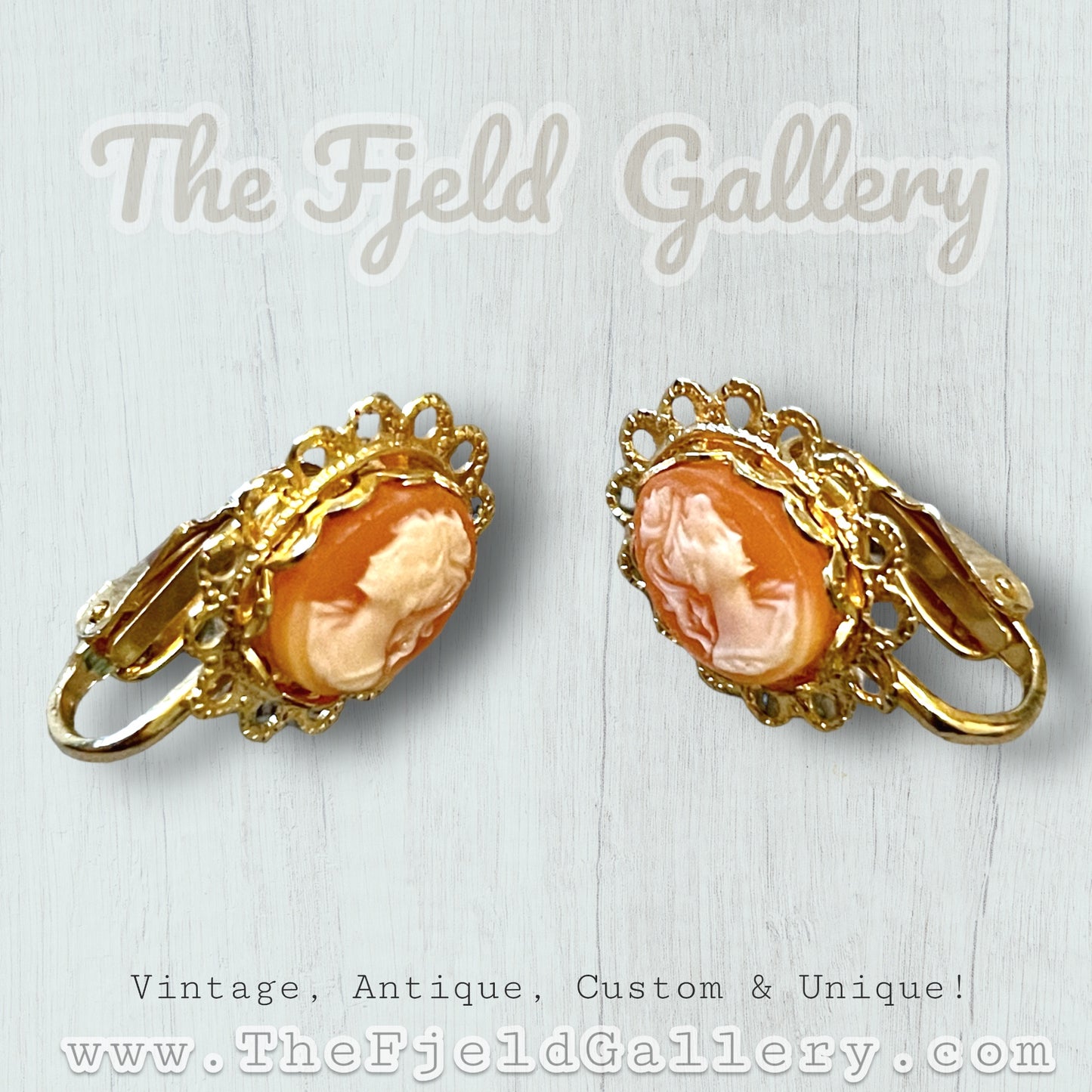 Vintage Orange & Cream Celluloid Cameo Necklace & Earring Set