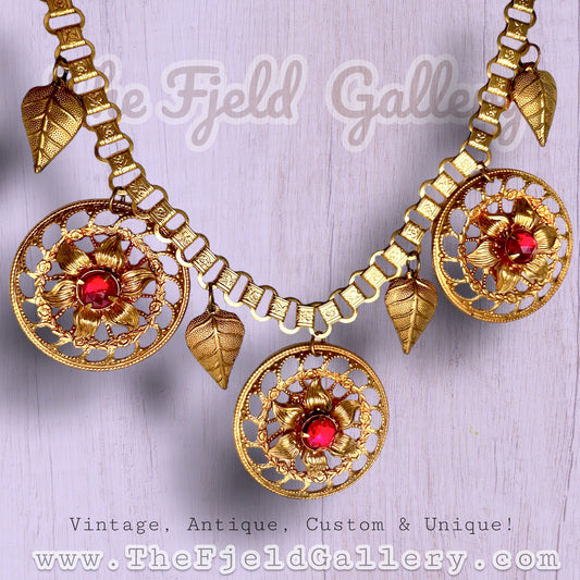 Victorian Bookchain with Ruby Red Art Glass & Gold Filigree Leaf Charm Necklace