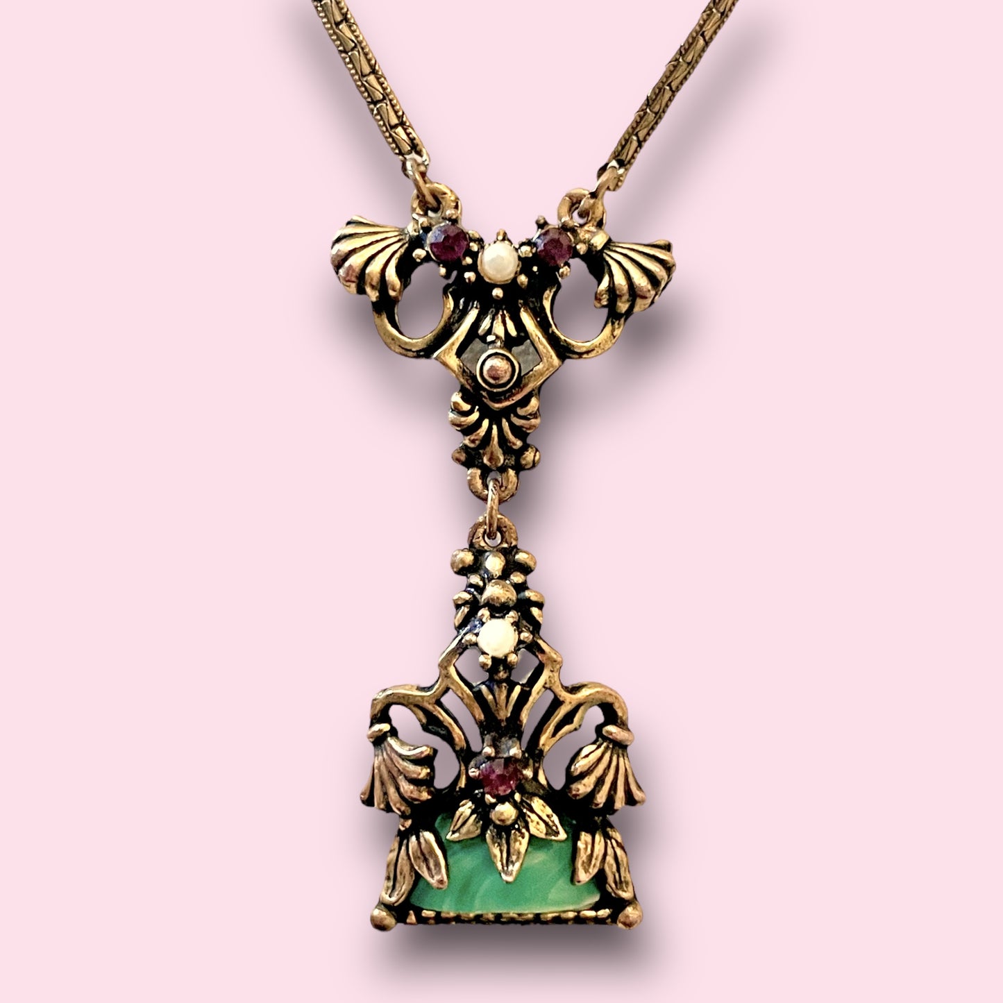 Art Nouveau Marbled Green Celluloid, Purple Crystal & Pearl Brass Shell Necklace