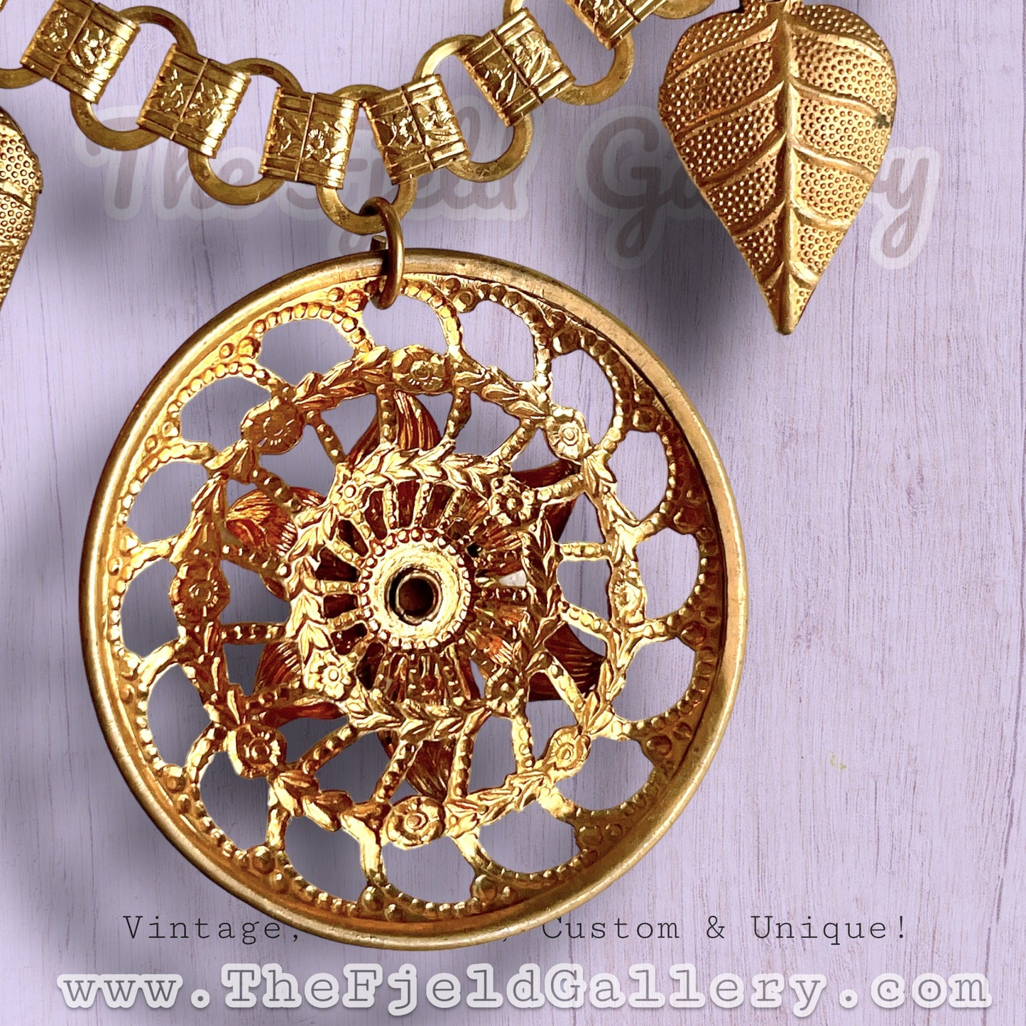 Victorian Bookchain with Ruby Red Art Glass & Gold Filigree Leaf Charm Necklace