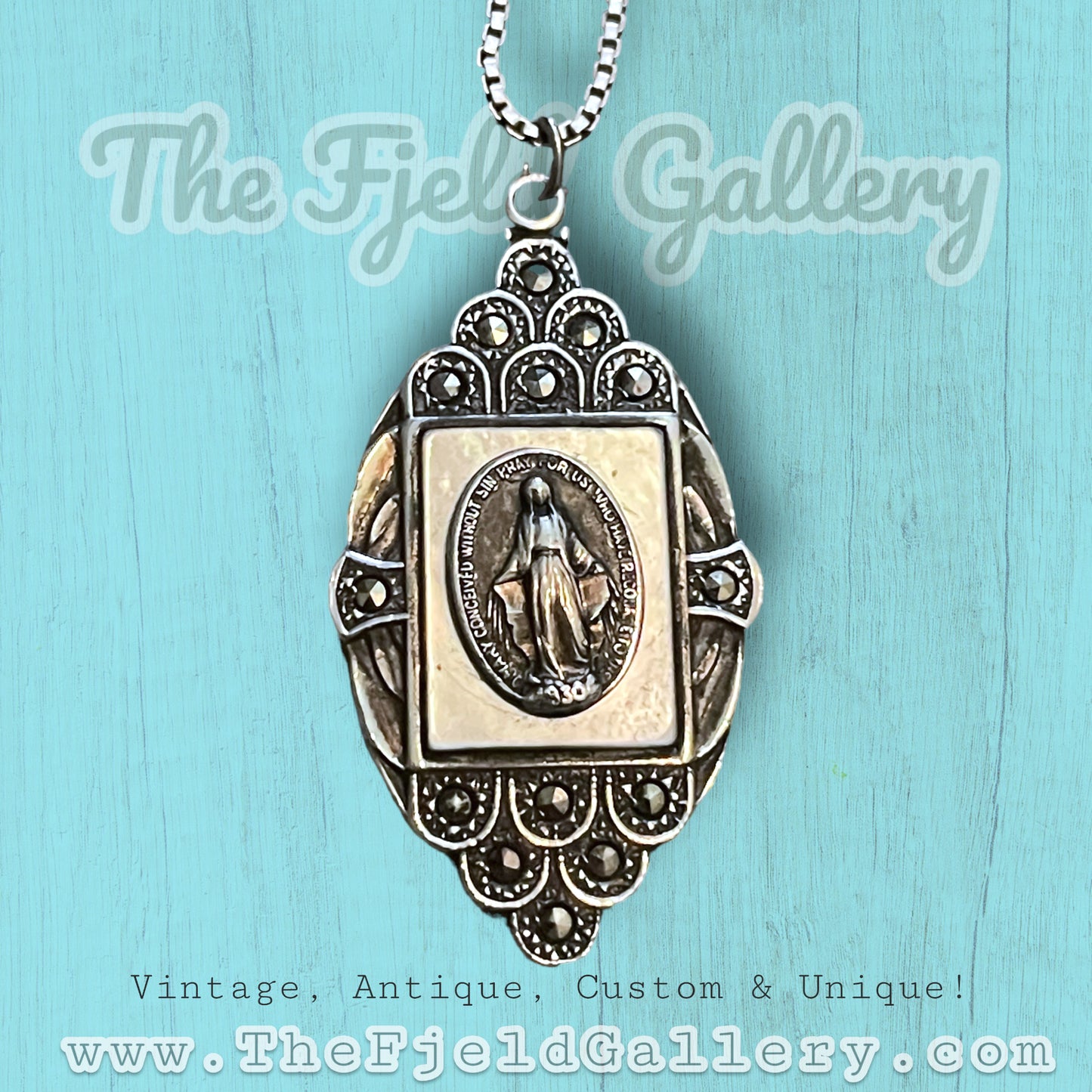Sterling Silver Mother Of Pearl & Marcasite Virgin Mary Religious Necklace