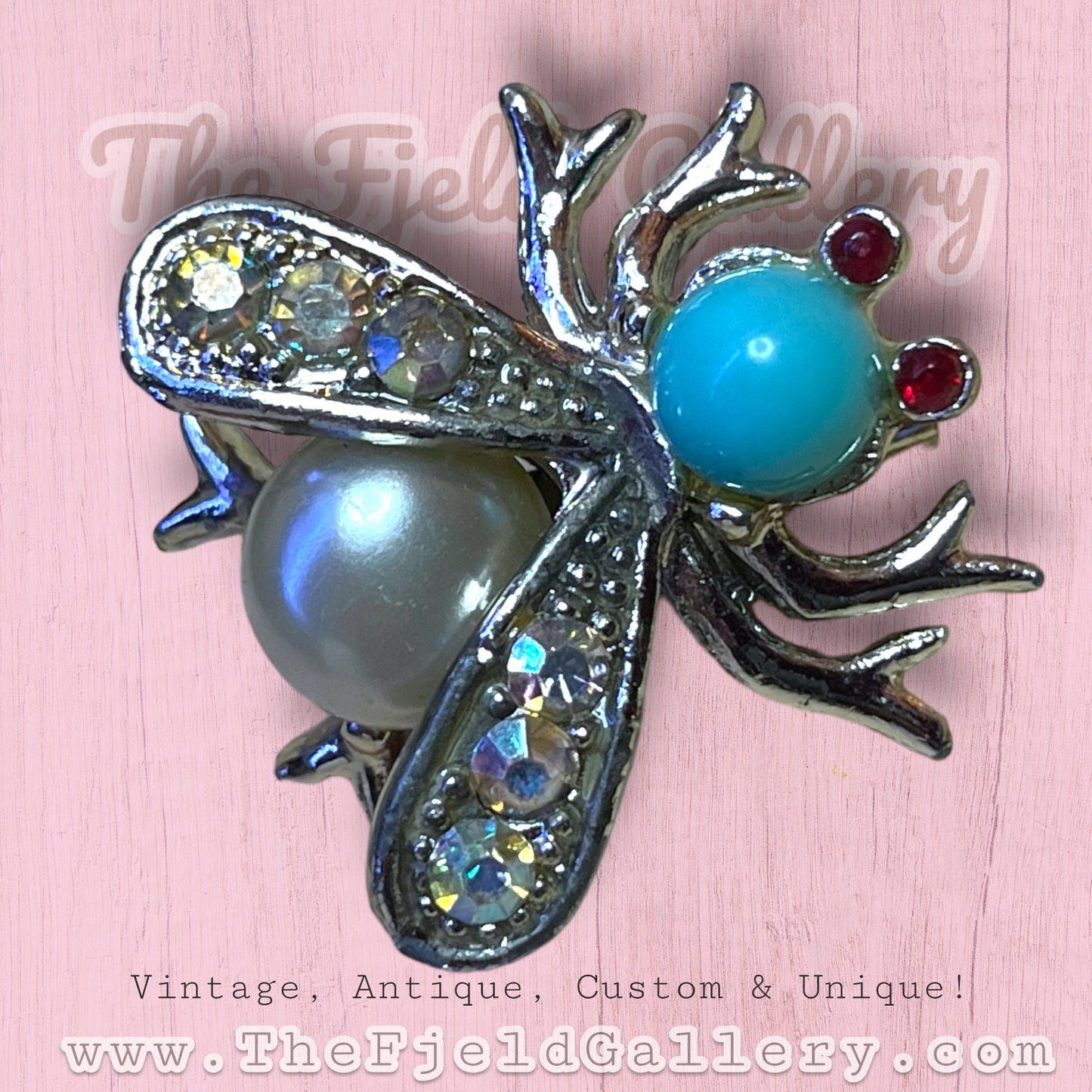 Vintage Turquoise & Ruby Aurora Borealis Crystal Rhinestone Fly Insect Brooch