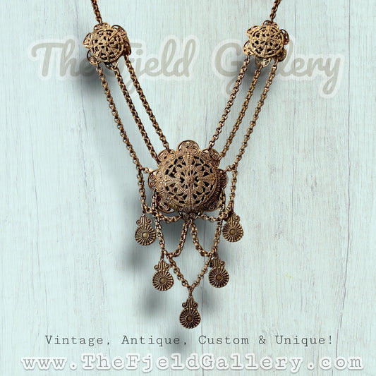 Antique Victorian Czech Brass Filigree Princess Festoon Necklace