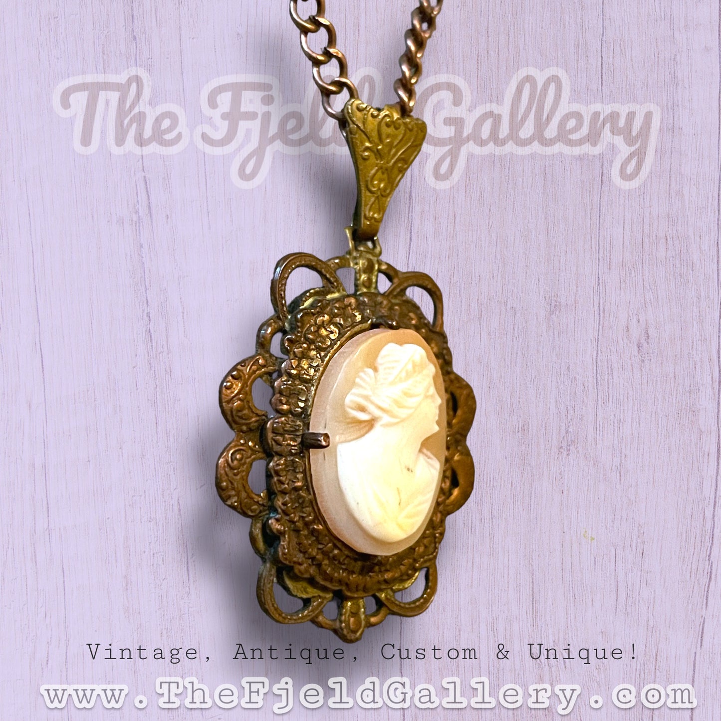 Antique 1920’s Art Nouveau Brass Prong Set Carved Shell Cameo Necklace
