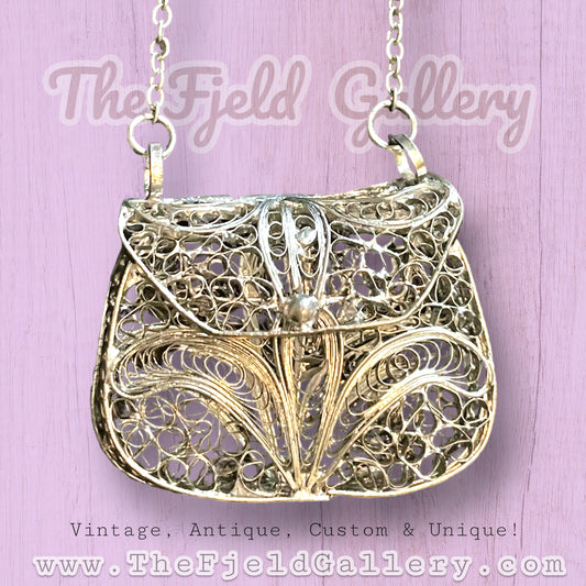 Antique Silver Filigree Articulating Purse Necklace
