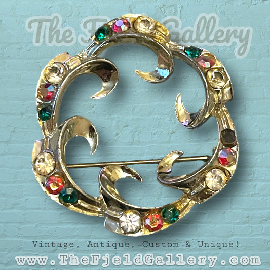 Vintage Red & Green Aurora Borealis Crystal Rhinestones Gold Wreath Brooch
