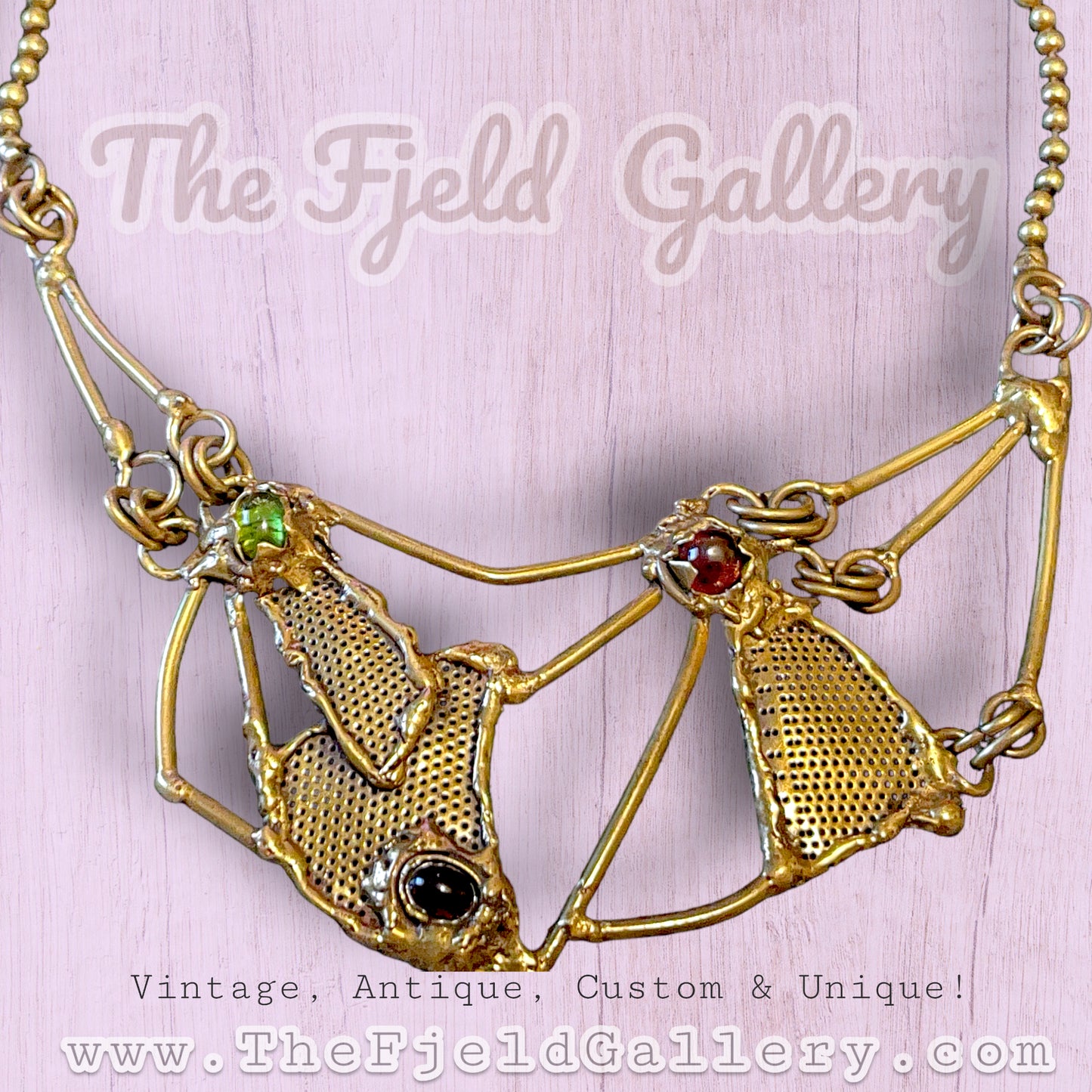 Vintage Brass Brutalist Peridot, Garnet & Onyx Unique Abstract Bib Necklace