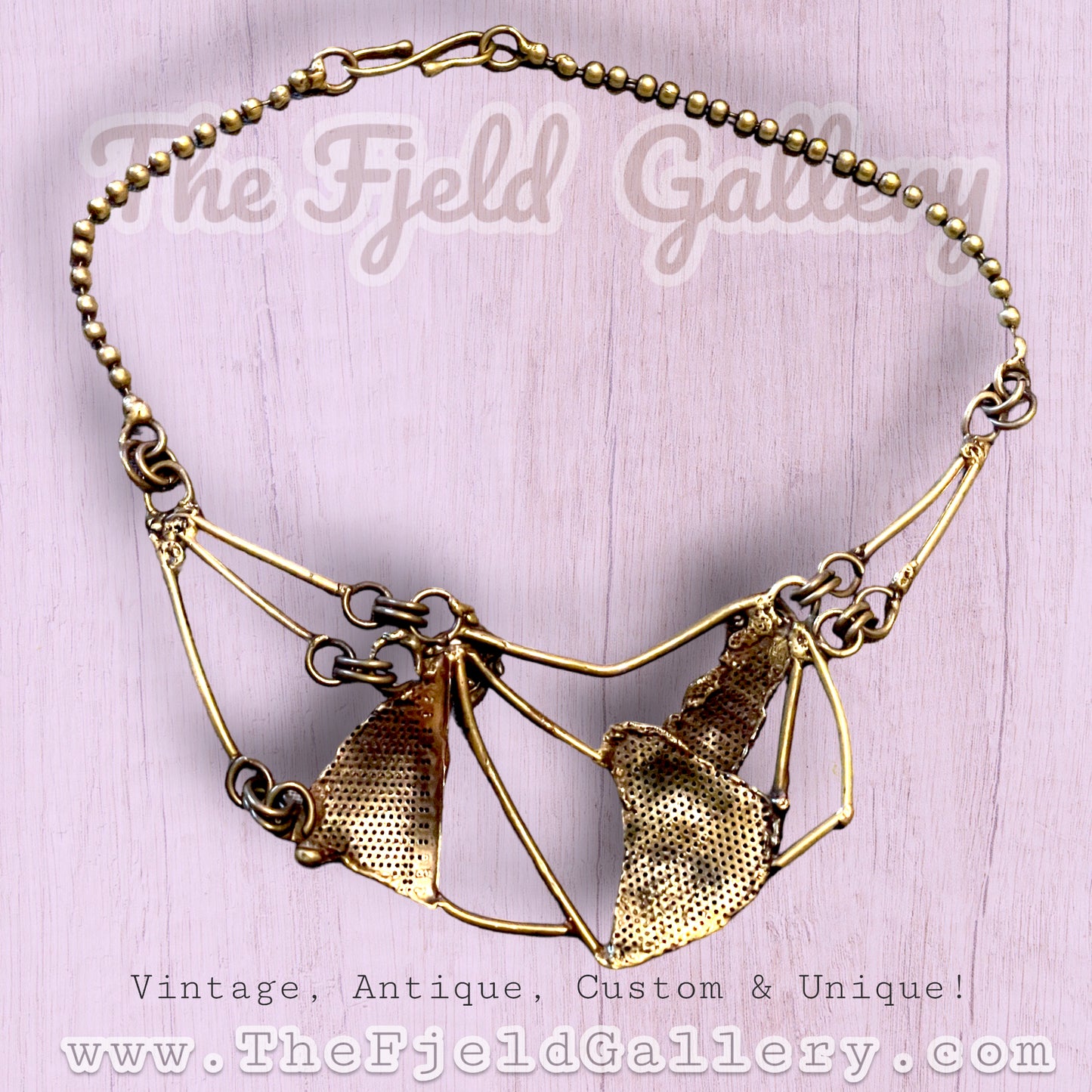 Vintage Brass Brutalist Peridot, Garnet & Onyx Unique Abstract Bib Necklace