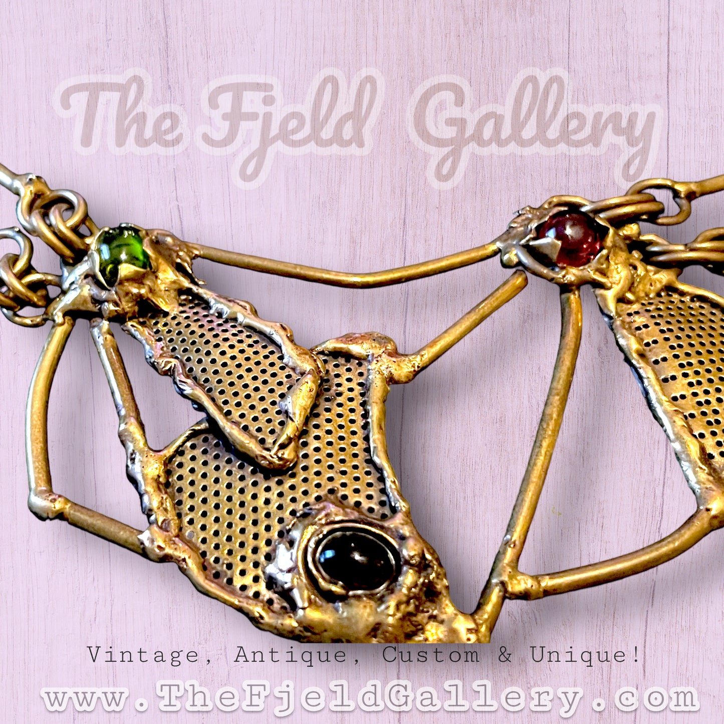 Vintage Brass Brutalist Peridot, Garnet & Onyx Unique Abstract Bib Necklace