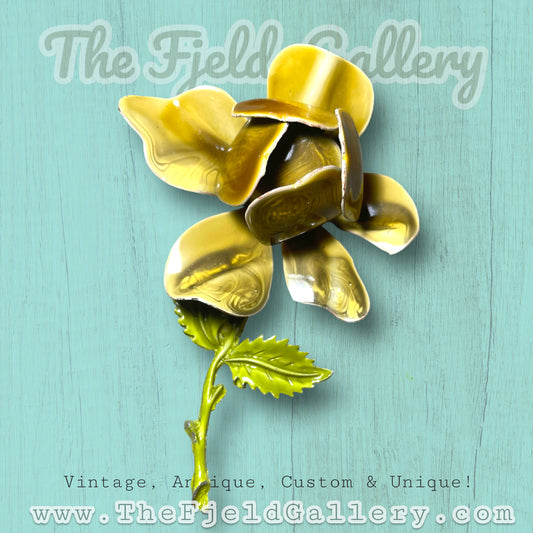 Vintage Olive Green Enamel Metal Rose Brooch