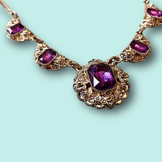 Art Nouveau Purple Art Glass & Gold Daisy Necklace