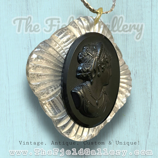 Antique 1920’s Celluloid & Lucite Molded Plastic Black & Clear Mourning Cameo Necklace