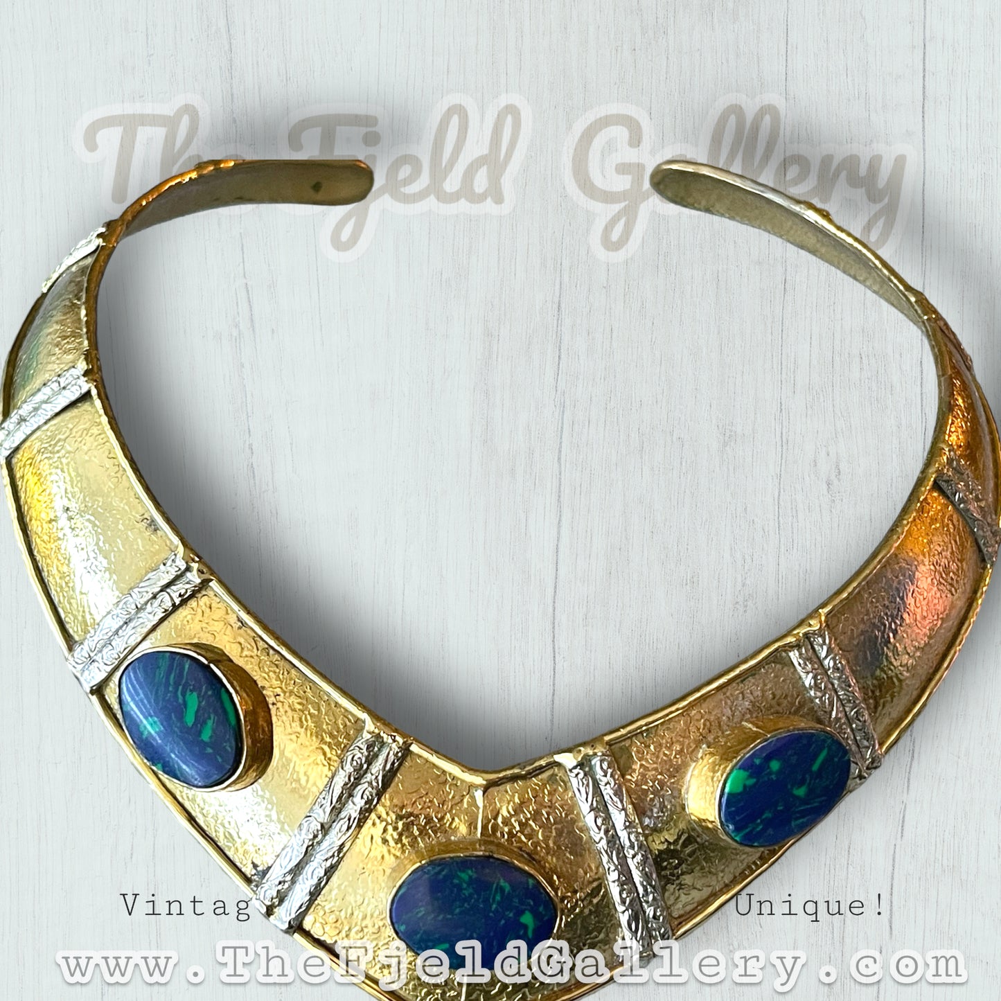 Vintage Brass & Silver Chunky Collar Necklace with Azurite Blue & Green Gemstones