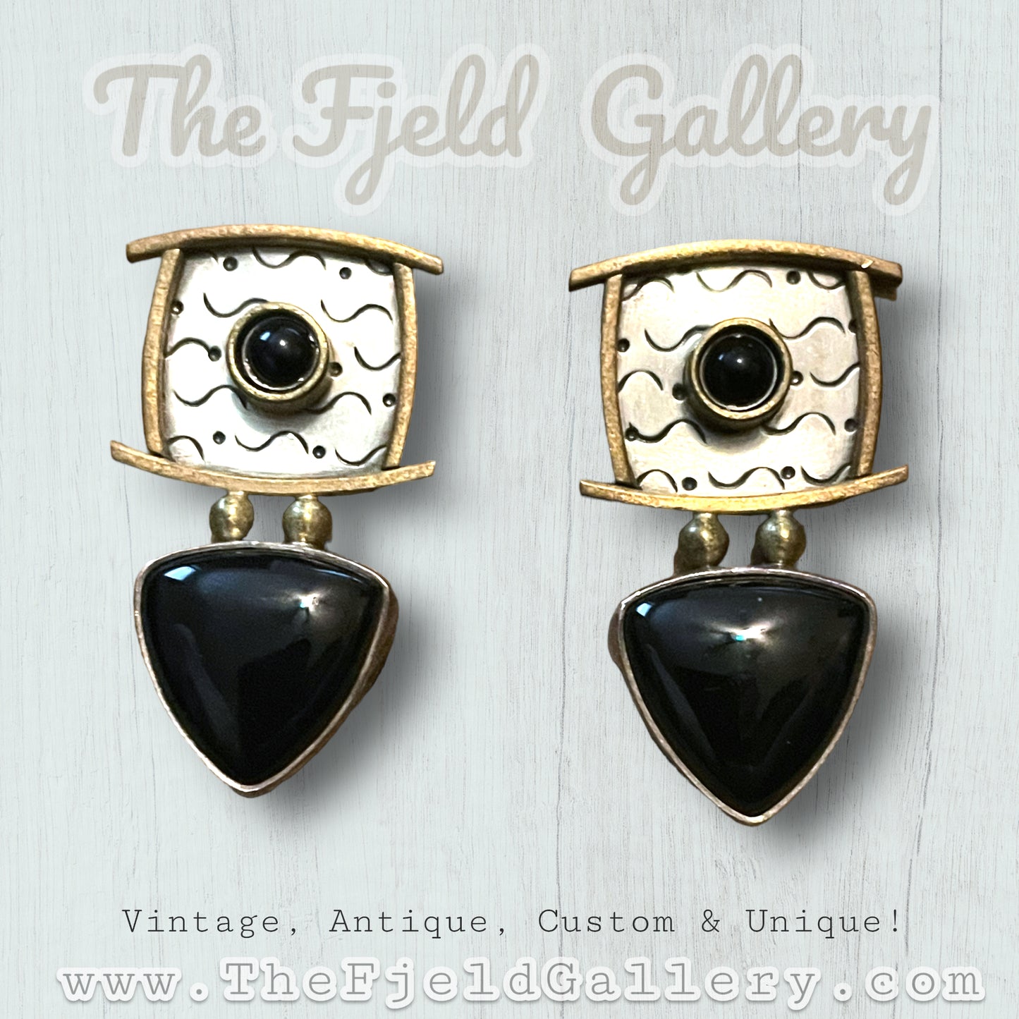 Sterling Silver & Brass Onyx Gemstone Mod Geometric CLOSE Earrings