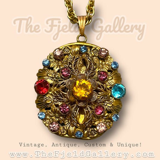 Art Nouveau Czech Fruit Salad Multicolor Art Glass Gilded Brass Necklace