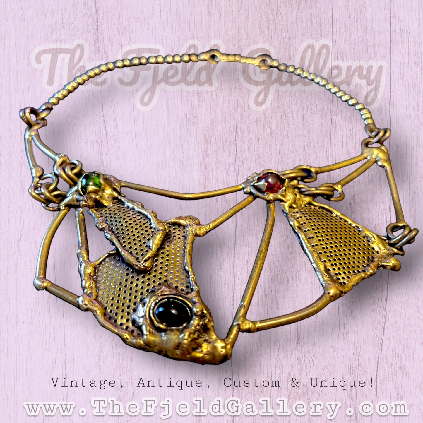 Vintage Brass Brutalist Peridot, Garnet & Onyx Unique Abstract Bib Necklace