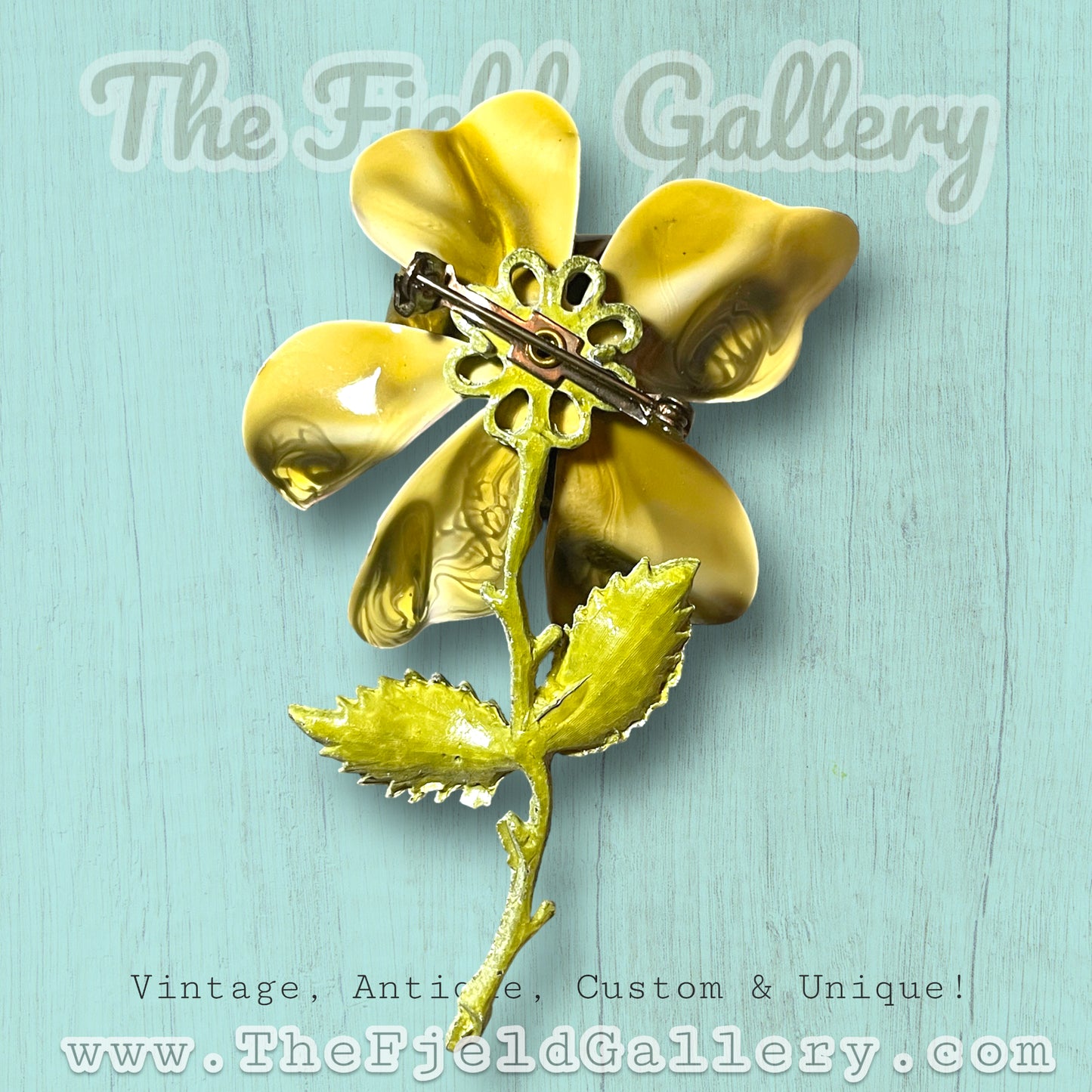 Vintage Olive Green Enamel Metal Rose Brooch