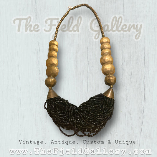Vintage Hammered Brass & Black Seed Bead Necklace